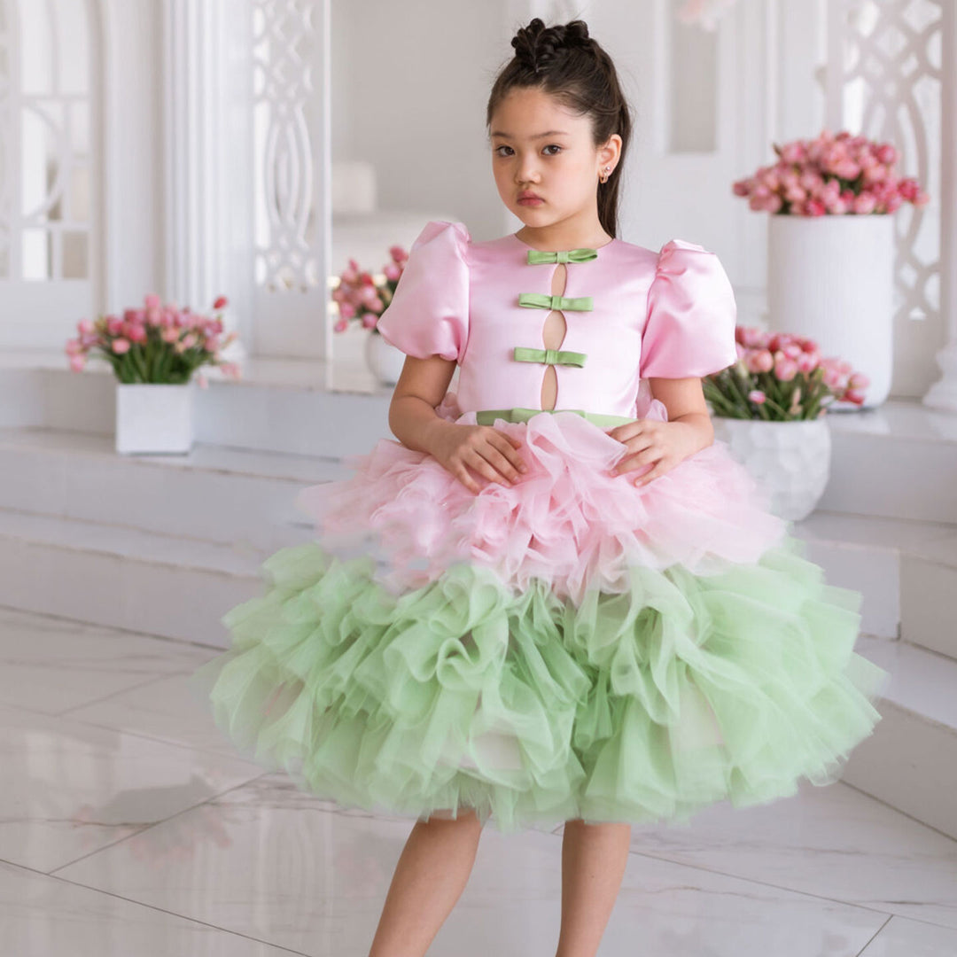 Elegant Red Girl Dress Sage Green for Princess J155 Green Pink / child-4 Elegant Red Girl Dress Sage Green for Princess J155 Green Pink / child-4