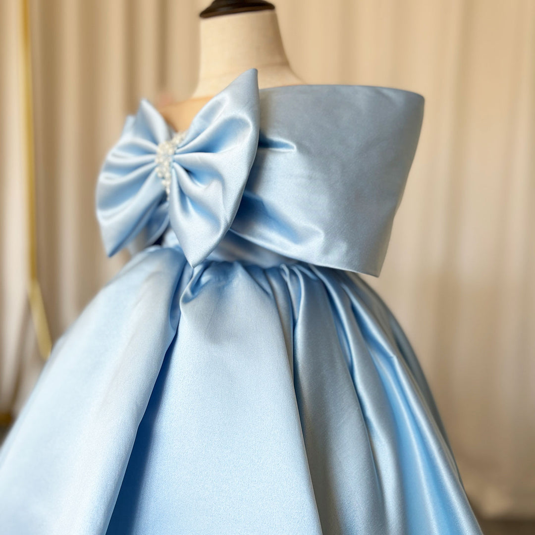 Elegant Satin Beads Flower Girl Dress Blue with Bow Knee Length M181 DreamyVow Elegant Satin Beads Flower Girl Dress Blue with Bow Knee Length M181 DreamyVow