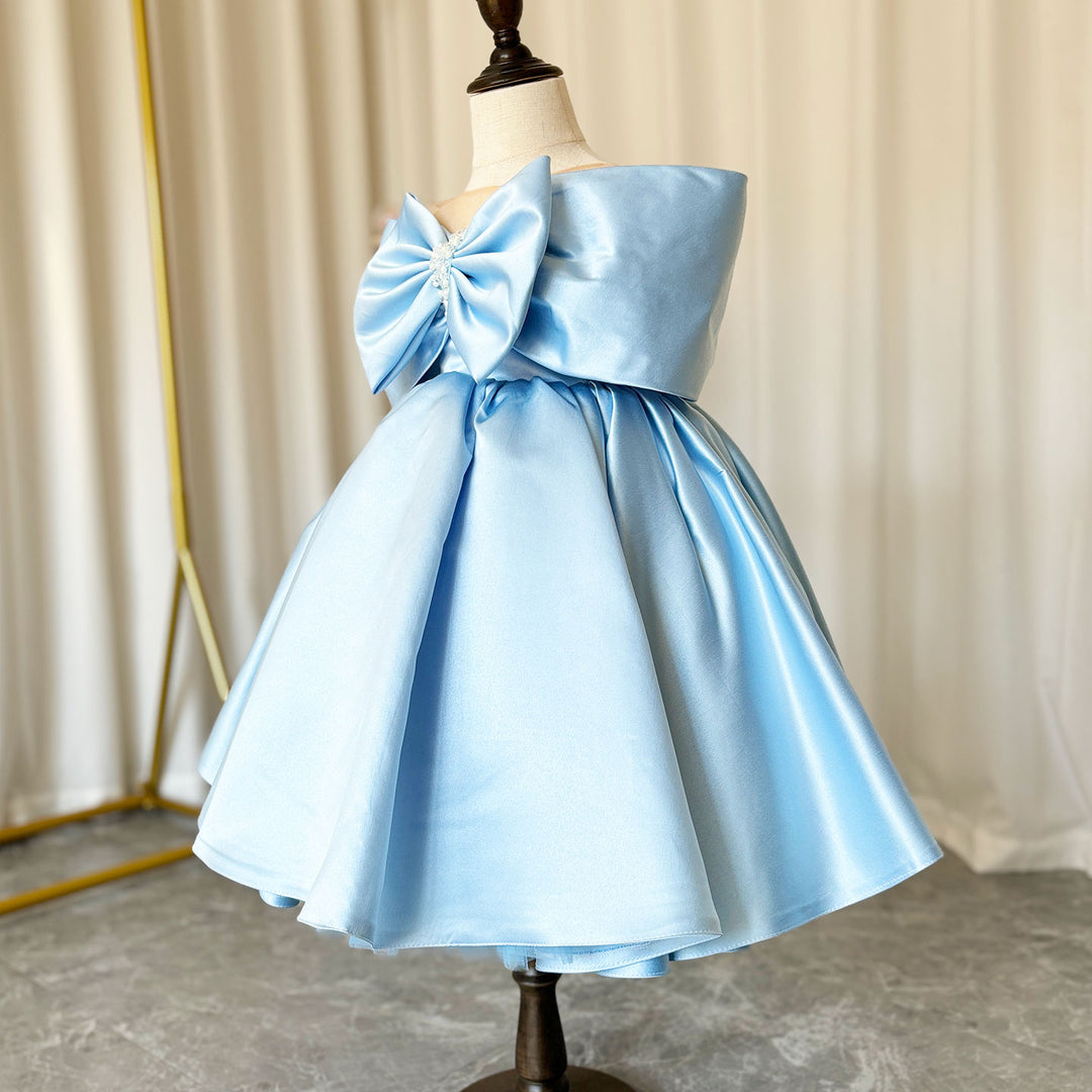 Elegant Satin Beads Flower Girl Dress Blue with Bow Knee Length M181 DreamyVow Elegant Satin Beads Flower Girl Dress Blue with Bow Knee Length M181 DreamyVow