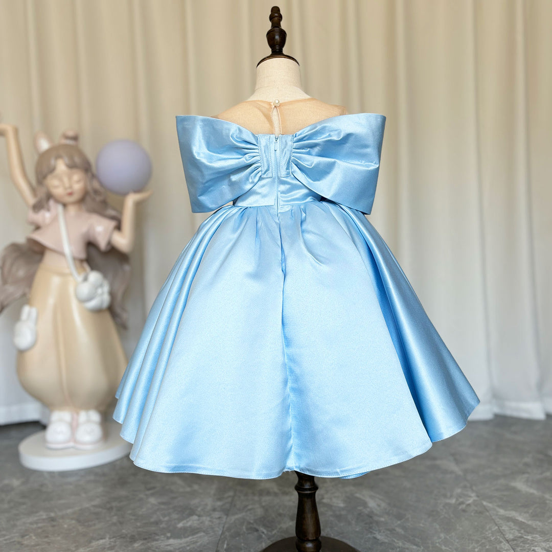 Elegant Satin Beads Flower Girl Dress Blue with Bow Knee Length M181 DreamyVow Elegant Satin Beads Flower Girl Dress Blue with Bow Knee Length M181 DreamyVow