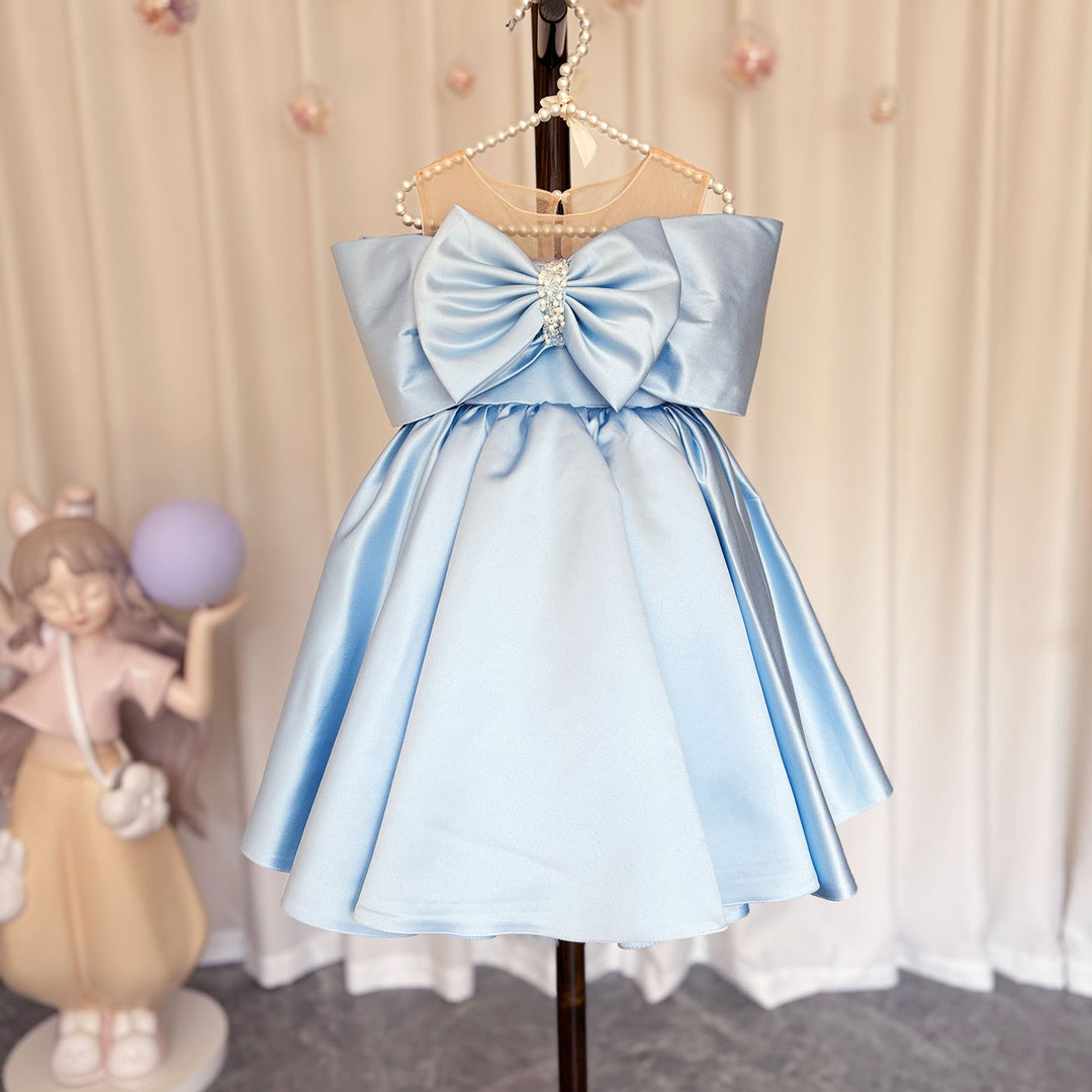 Elegant Satin Beads Flower Girl Dress Blue with Bow Knee Length M181 DreamyVow Elegant Satin Beads Flower Girl Dress Blue with Bow Knee Length M181 DreamyVow