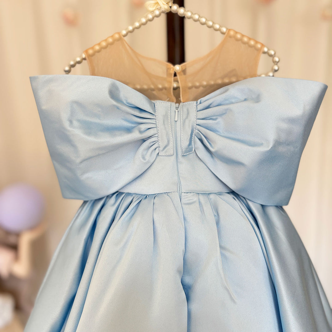 Elegant Satin Beads Flower Girl Dress Blue with Bow Knee Length M181 DreamyVow Elegant Satin Beads Flower Girl Dress Blue with Bow Knee Length M181 DreamyVow