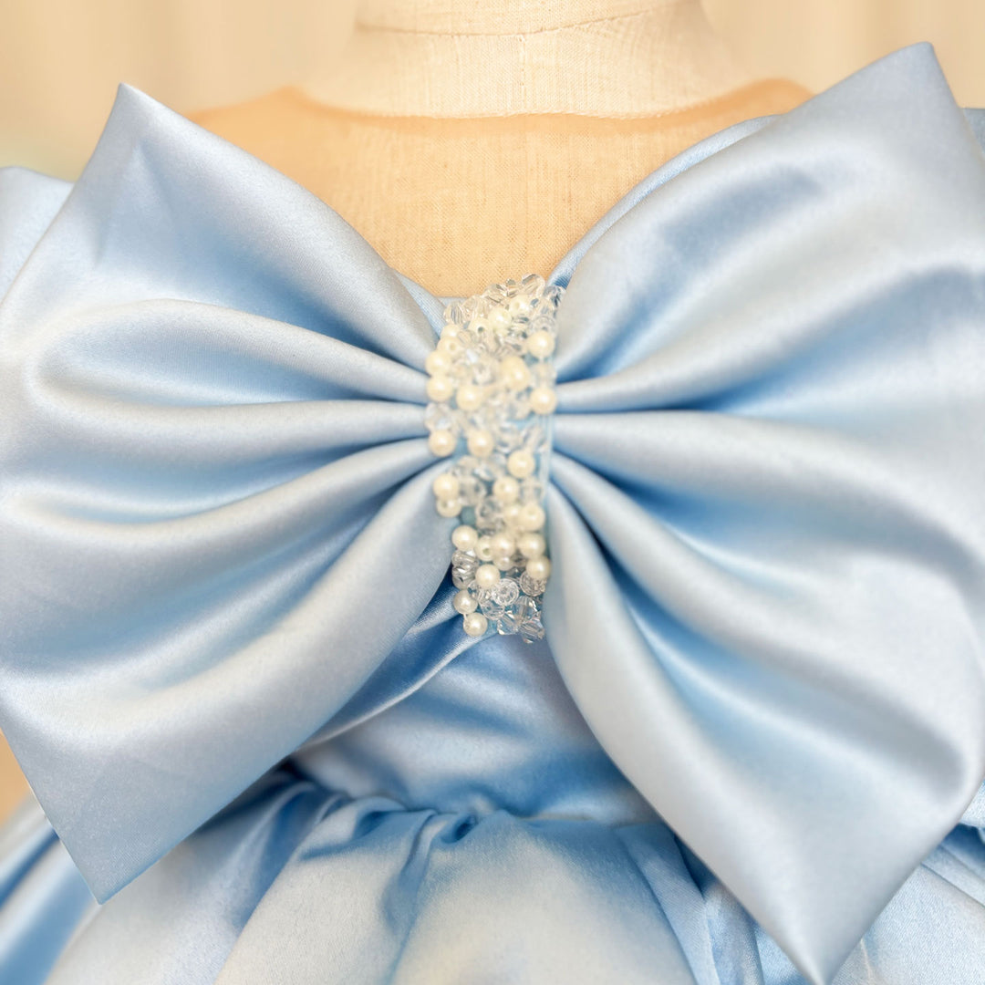 Elegant Satin Beads Flower Girl Dress Blue with Bow Knee Length M181 DreamyVow Elegant Satin Beads Flower Girl Dress Blue with Bow Knee Length M181 DreamyVow