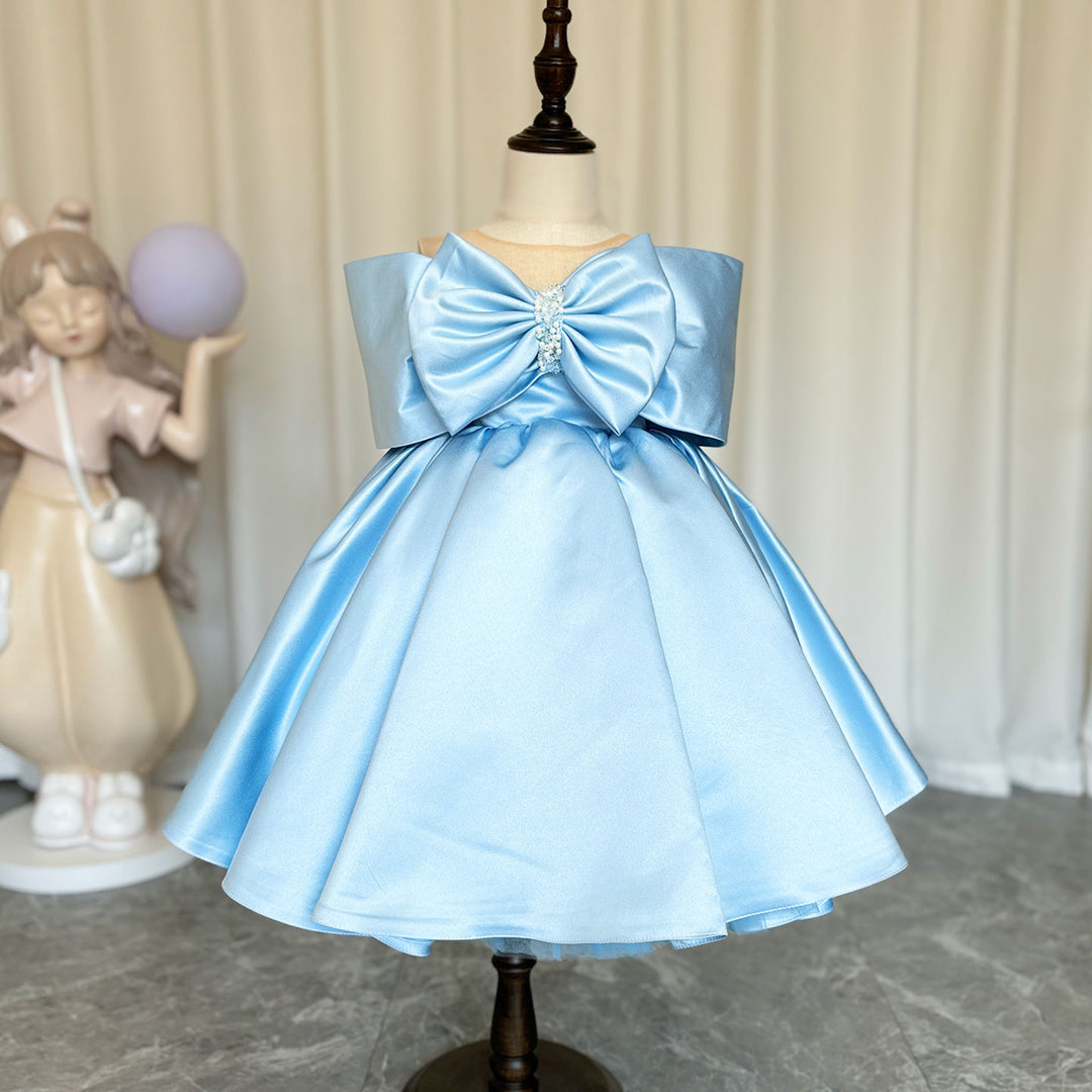 Elegant Satin Beads Flower Girl Dress Blue with Bow Knee Length M181 DreamyVow Elegant Satin Beads Flower Girl Dress Blue with Bow Knee Length M181 DreamyVow