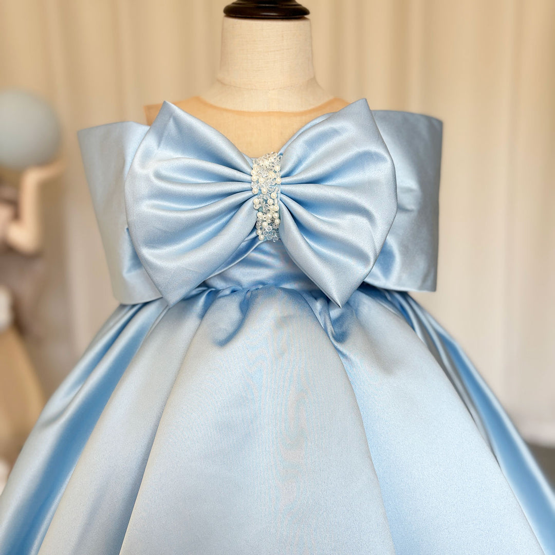 Elegant Satin Beads Flower Girl Dress Blue with Bow Knee Length M181 Blue / Child-8 Elegant Satin Beads Flower Girl Dress Blue with Bow Knee Length M181 Blue / Child-8