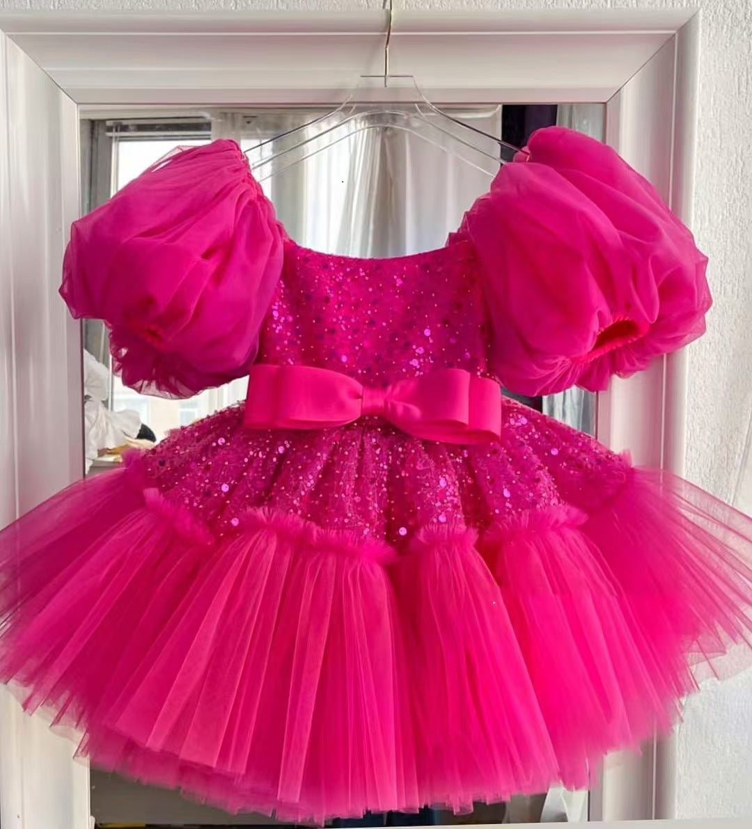 Elegant Sequins Christmas Puffy Sleeve Girl Holiday Party Dress J272 Fuchsia / child-8 Elegant Sequins Christmas Puffy Sleeve Girl Holiday Party Dress J272 Fuchsia / child-8