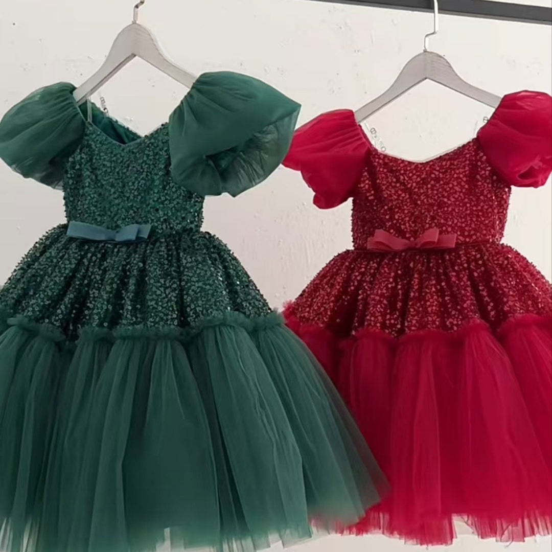 Elegant Sequins Christmas Puffy Sleeve Girl Holiday Party Dress J272 Green / child-2 Elegant Sequins Christmas Puffy Sleeve Girl Holiday Party Dress J272 Green / child-2