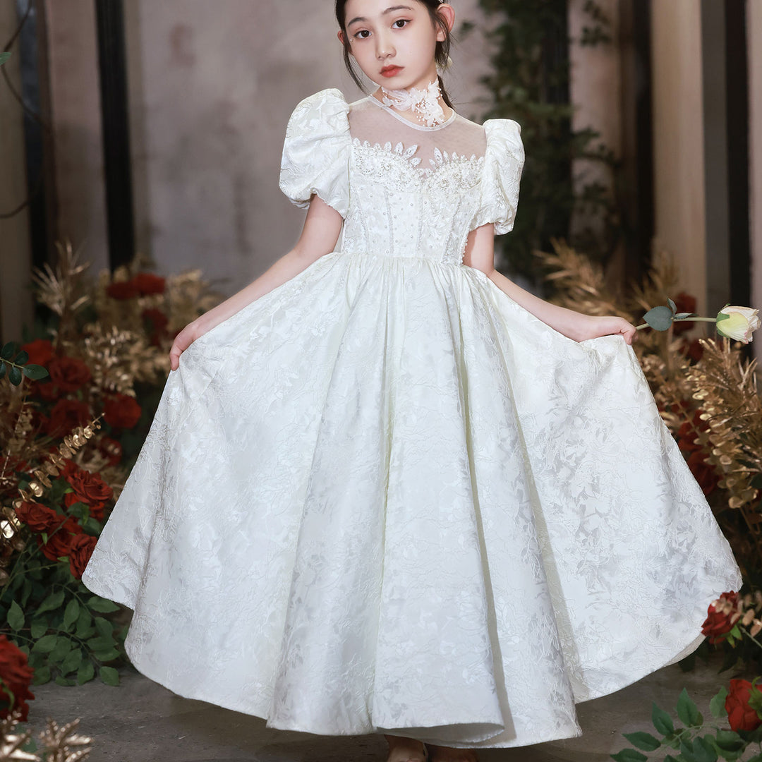 Elegant White Flower Girl Dresses Luxury Beading Puff Sleeve J092 DreamyVow Elegant White Flower Girl Dresses Luxury Beading Puff Sleeve J092 DreamyVow