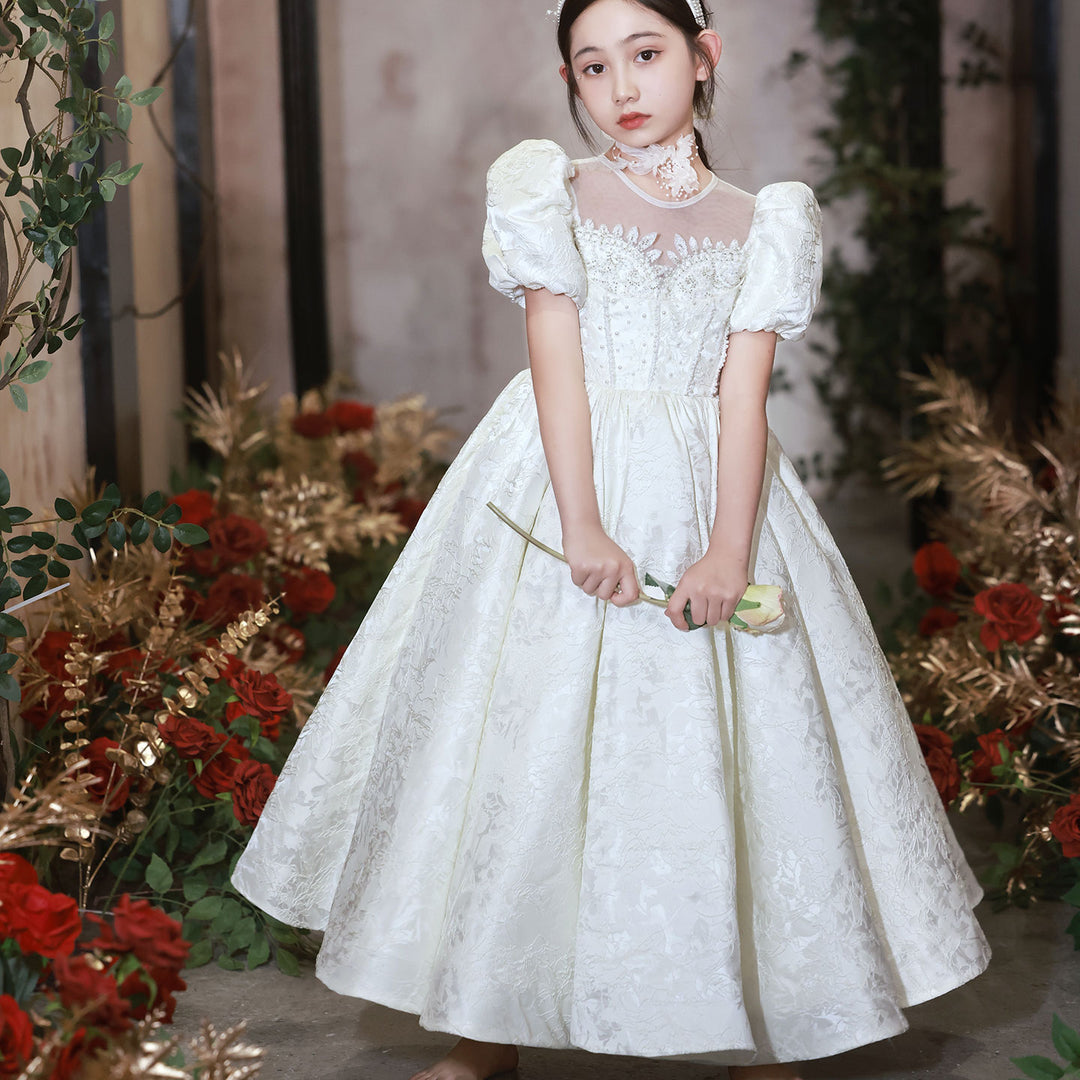 Elegant White Flower Girl Dresses Luxury Beading Puff Sleeve J092 DreamyVow Elegant White Flower Girl Dresses Luxury Beading Puff Sleeve J092 DreamyVow