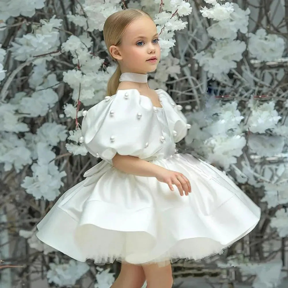 Elegant White Girl Dress Pearls Princess Baby Kids Gown J305 White / child-3 Elegant White Girl Dress Pearls Princess Baby Kids Gown J305 White / child-3