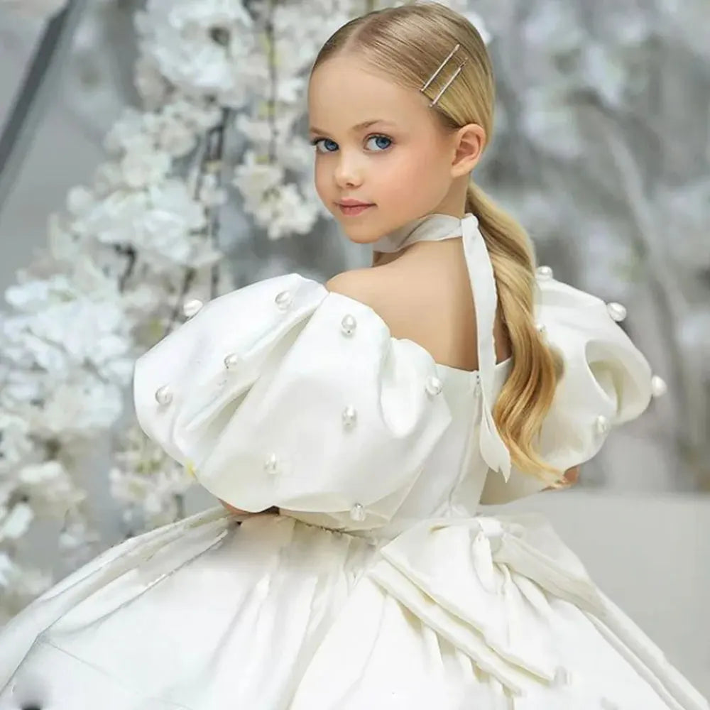 white dress with pearls Elegant White Girl Dress Pearls Princess Baby Kids Gown J305 Blue / child-2
