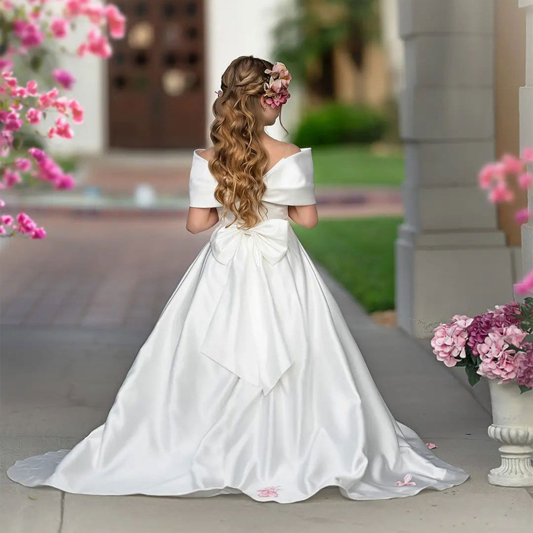 Elegant White Satin Girl Dress for First Communion J019 DreamyVow Elegant White Satin Girl Dress for First Communion J019 DreamyVow