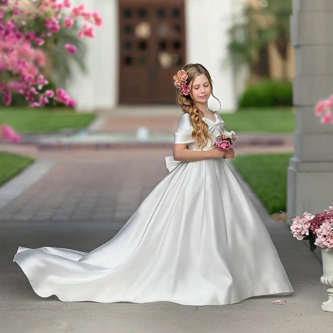 elegant holy communion dresses Puffed Sleeves Lace and Satin First Communion Dress Celestial 3302 Pre-order 2-3 years / As in the photo (Ivory)
