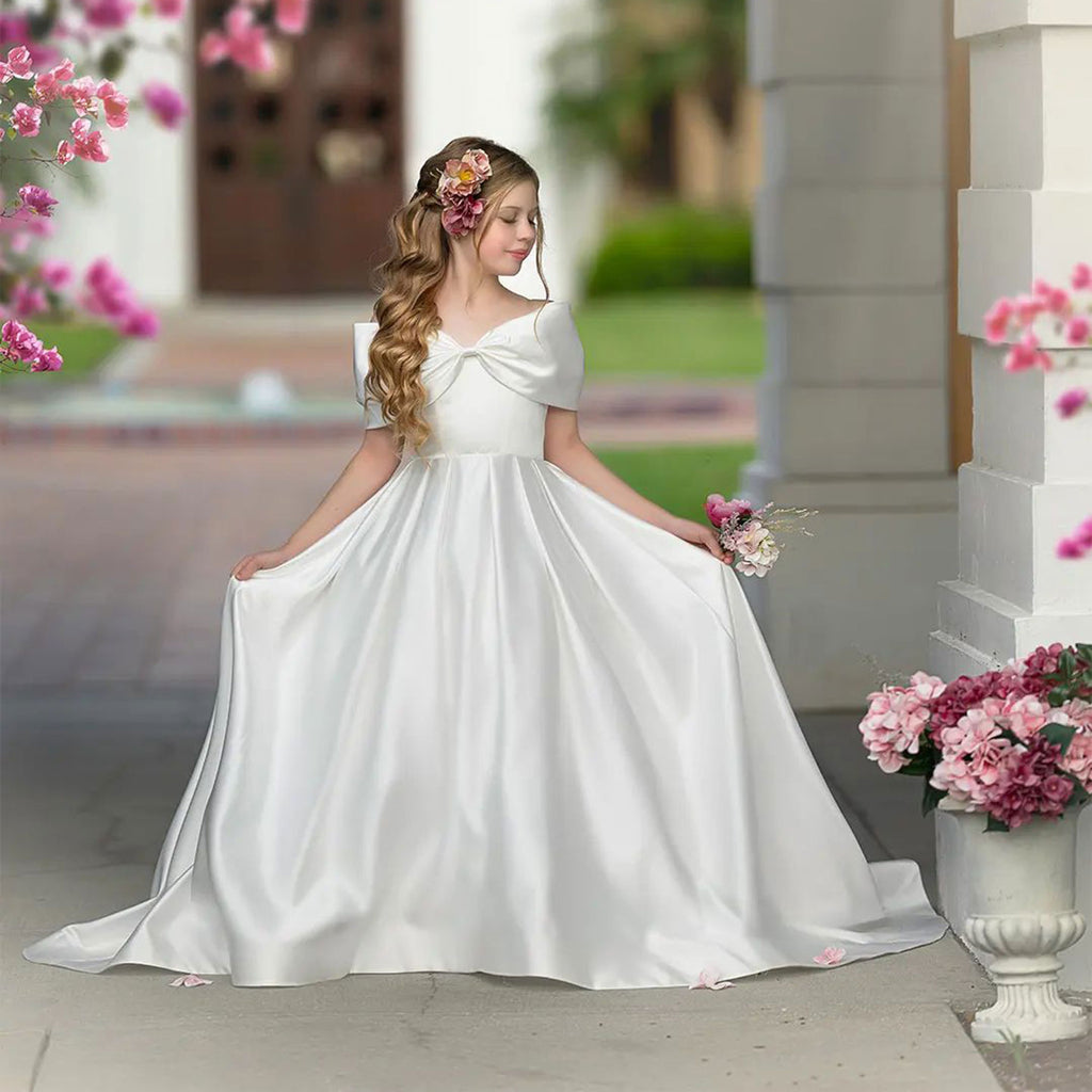 Elegant White Satin Girl Dress for First Communion J019 Elegant White Satin Girl Dress for First Communion J019