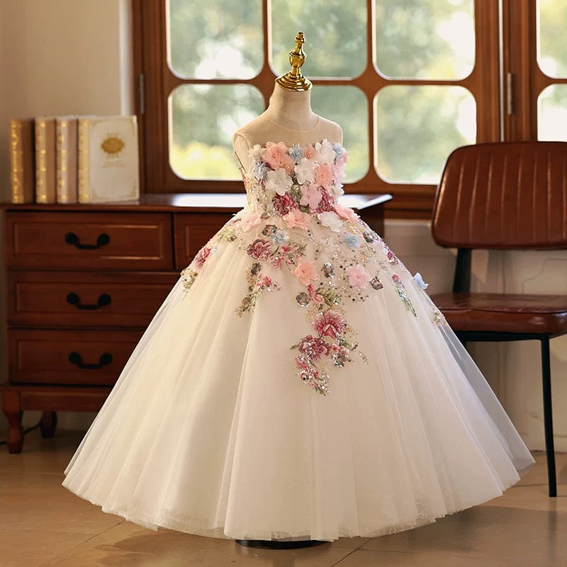 Floral Luxury Long Girl Dress for Princess Birthday Pageant J292B, White / child-8 Floral Luxury Long Girl Dress for Princess Birthday Pageant J292B, White / child-8