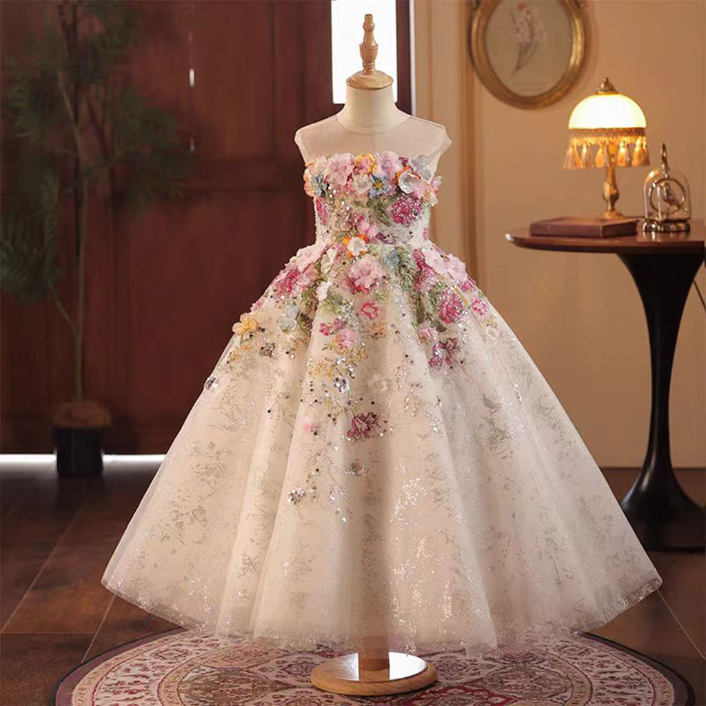 strapless open back dress Floral Luxury Long Girl Dress For Princess Birthday Pageant J292A Picture Color / Child-8