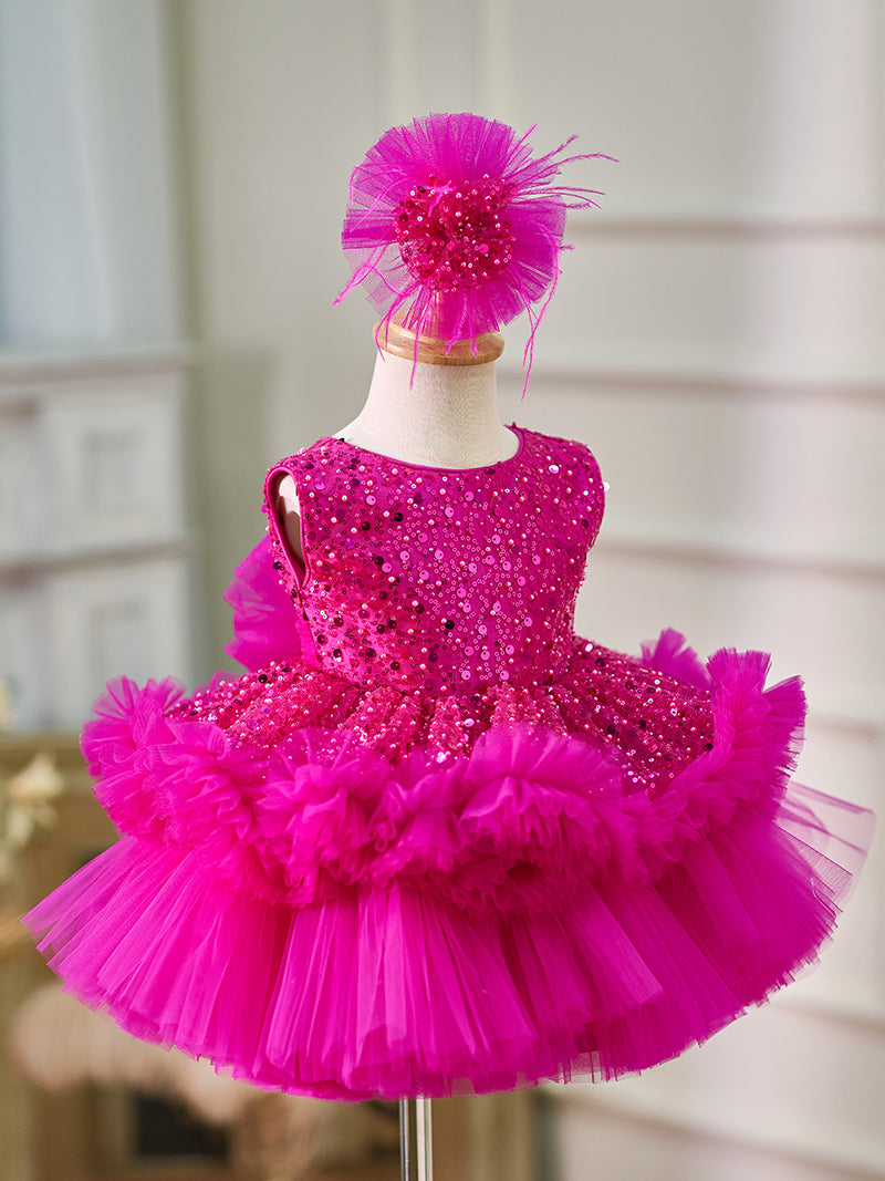 Fuchsia Baby Beading Lace Knee Length Girl Birthday Dress J049 Custom Color / child-14 Fuchsia Baby Beading Lace Knee Length Girl Birthday Dress J049 Custom Color / child-14
