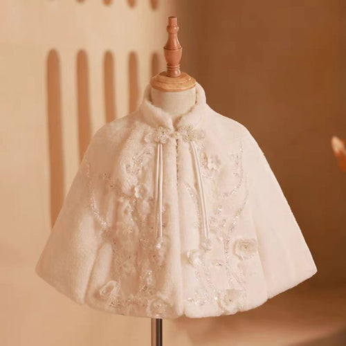 Girls Shawl Plus Velvet White Long Sleeve Winter Warm With Cape W002