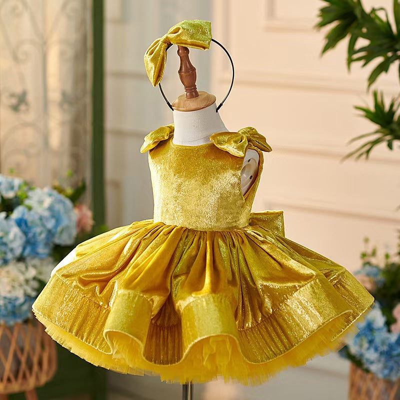 Gold Knee Length Baby 1st Birthday Girl Dress J306 DreamyVow Gold Knee Length Baby 1st Birthday Girl Dress J306 DreamyVow