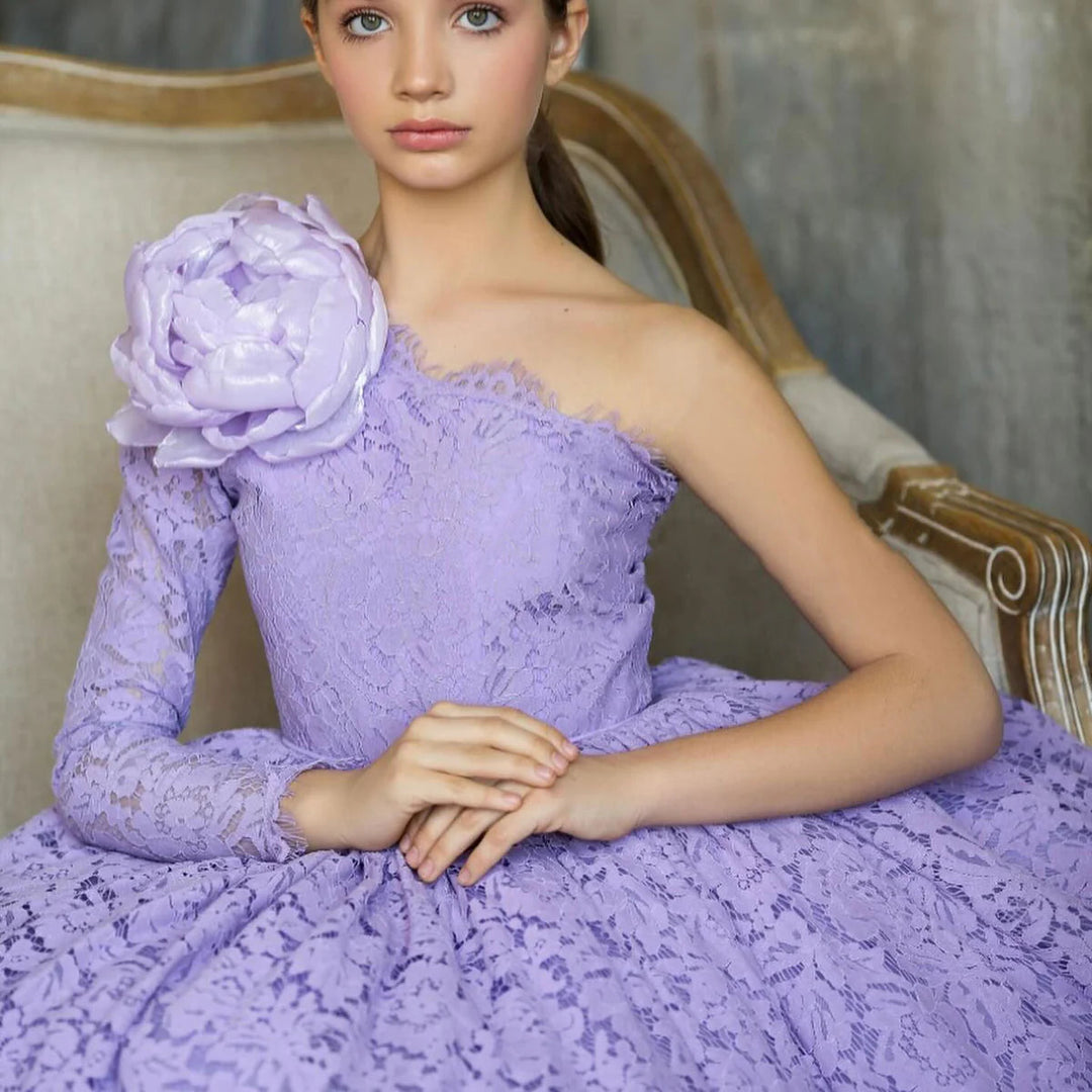 Lilac Girl Dress One Shoulder Flowers Champagne Princess Ball Gown J15 DreamyVow Lilac Girl Dress One Shoulder Flowers Champagne Princess Ball Gown J15 DreamyVow