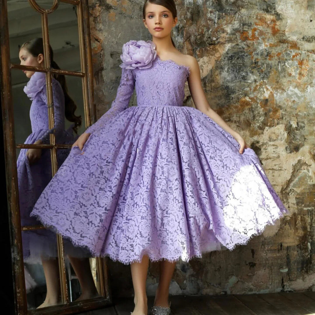 Lilac Girl Dress One Shoulder Flowers Champagne Princess Ball Gown