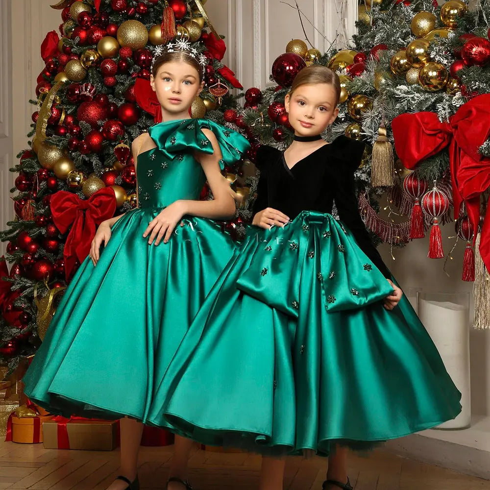 Luxury Green Girl Dress One Shoulder Satin Dubai Kids Gown J368 DreamyVow Luxury Green Girl Dress One Shoulder Satin Dubai Kids Gown J368 DreamyVow