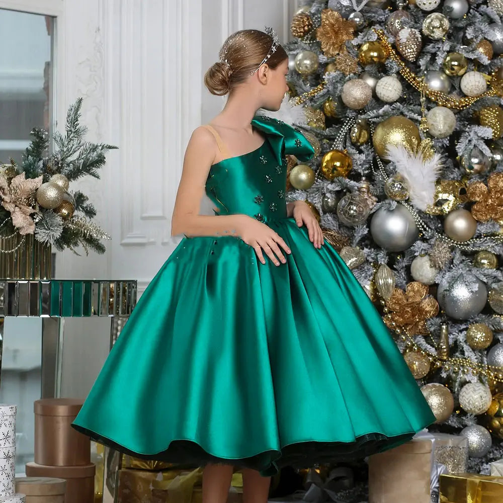 girls satin christmas dress Elegant Satin and Tulle Holiday Dress for Little Girls 452 10 / Green