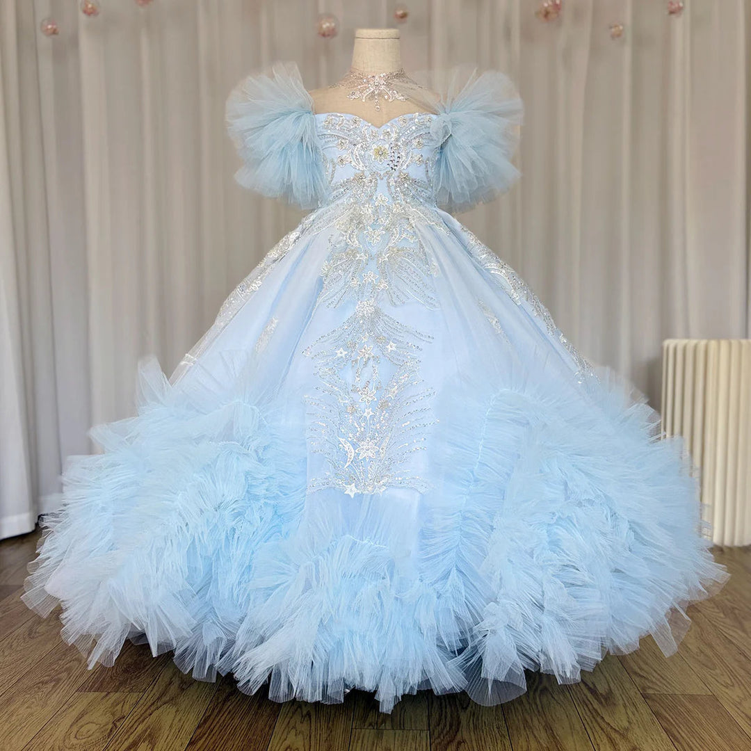 Luxury Arab Sky Blue Girl Dress Beaded Dubai Kids Princess J220 DreamyVow Luxury Arab Sky Blue Girl Dress Beaded Dubai Kids Princess J220 DreamyVow