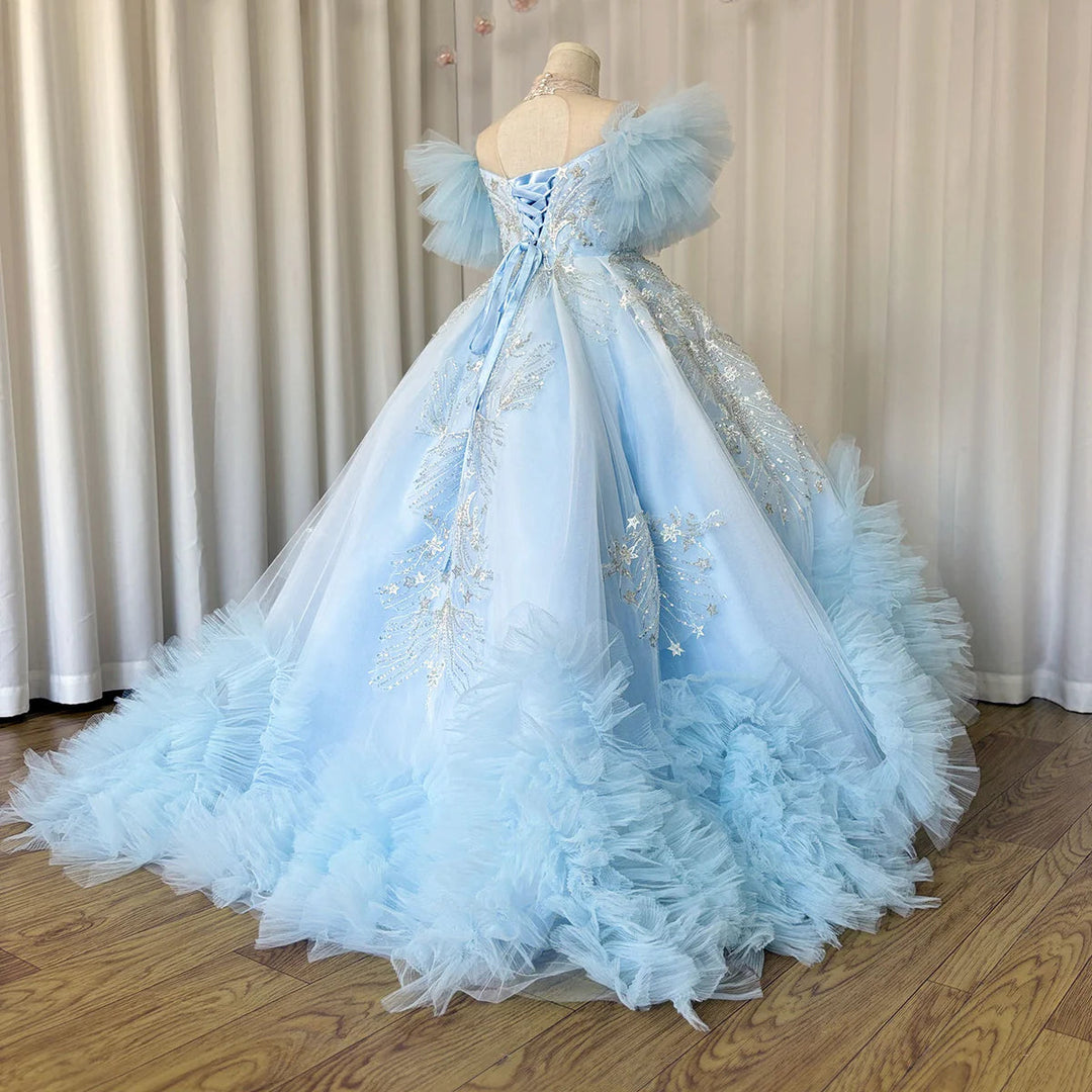 light blue childrens dress Sky Arabic Flower Girl Dresses Crystal with Cape 3D Flowers J098 Blue / child-6 Available now from Lila Enchanted Sky Blossom Flower Girls'