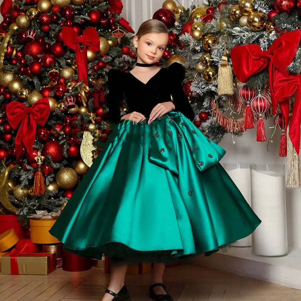 Luxury Green Girl Dress Crystal V-Neck Dubai Kids Princess J367 DreamyVow Luxury Green Girl Dress Crystal V-Neck Dubai Kids Princess J367 DreamyVow