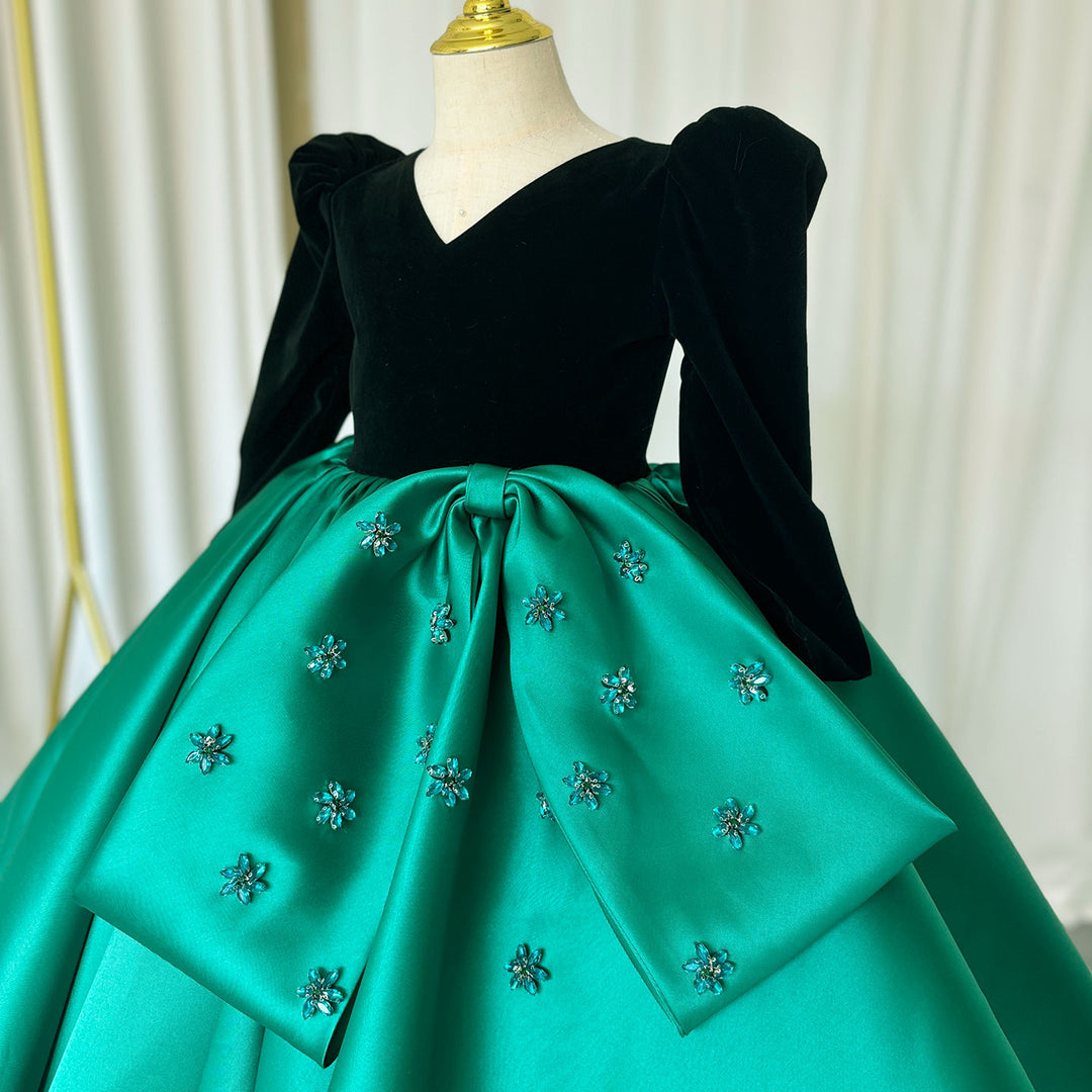 Luxury Green Girl Dress Crystal V-Neck Dubai Kids Princess J367 DreamyVow Luxury Green Girl Dress Crystal V-Neck Dubai Kids Princess J367 DreamyVow