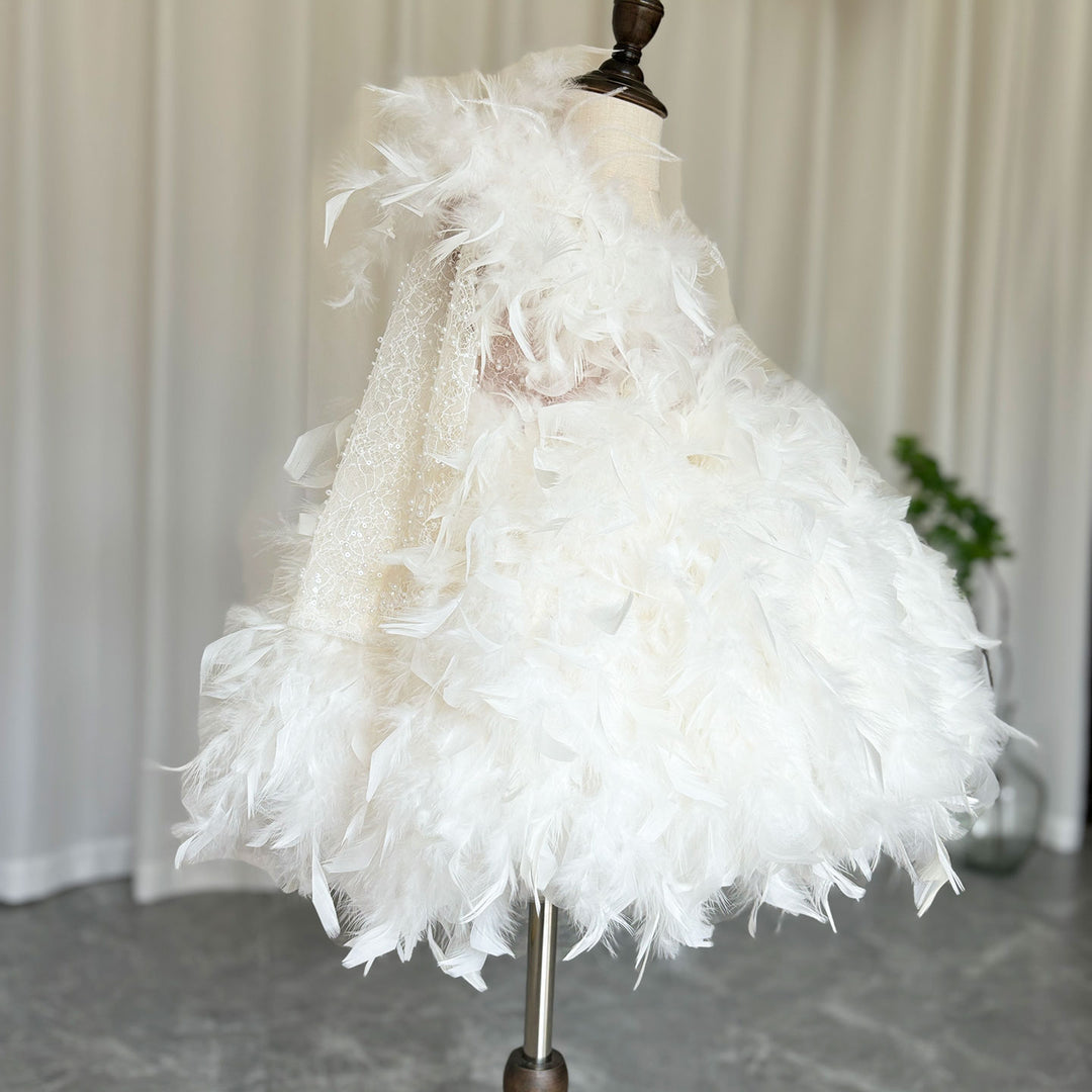 Luxury Arabic White Girl Dress Feathers Princess J394 DreamyVow Luxury Arabic White Girl Dress Feathers Princess J394 DreamyVow