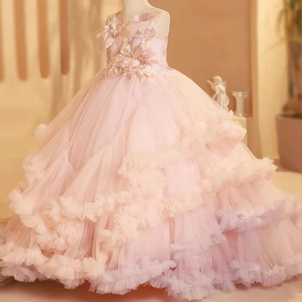 pink & blush flower girl dresse Half Sleeves Tulle Lace Princess Flower Girl Dress Blush Pink Little Girl Dress with Bowtie
