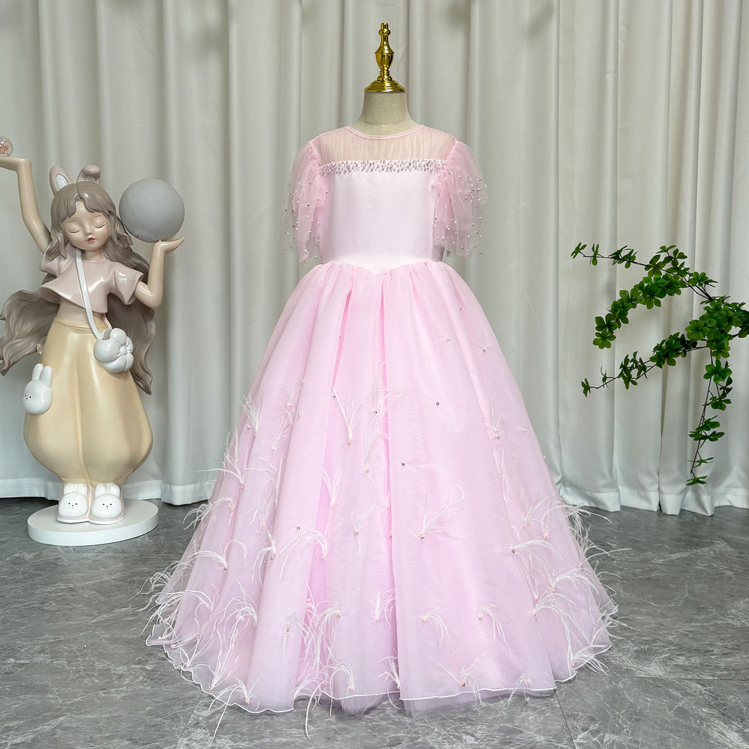 blush pink girl dress Luxury Blush Pink Girl Dress Feathers Beaded Princess J391L – DreamyVow