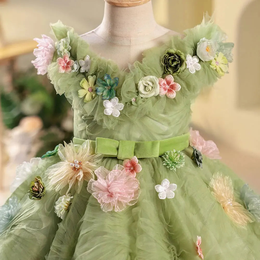Luxury Dubai Sage Green Girl Dresses Handmade Flowers Princess J086 Sage Green / 8 Luxury Dubai Sage Green Girl Dresses Handmade Flowers Princess J086 Sage Green / 8