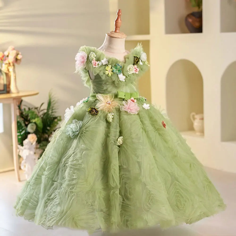 sage green childrens dress Sunnypetal Sage Green Puff Sleeves Flower Girl Dress 1st Toddler Wedding Birthday