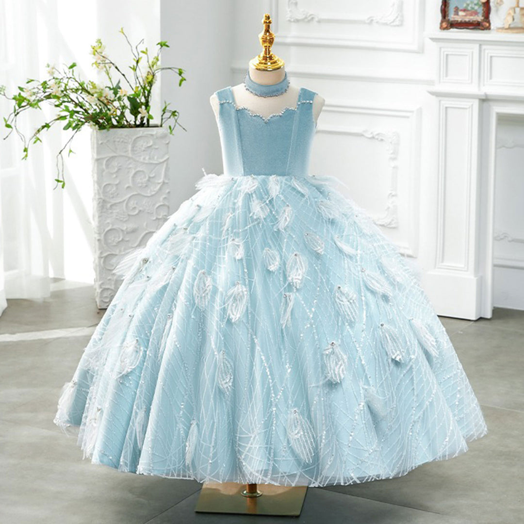Luxury Dubai Sky Blue Girl dresses High-Neck Feather J128 Sky Blue / child-8 Luxury Dubai Sky Blue Girl dresses High-Neck Feather J128 Sky Blue / child-8