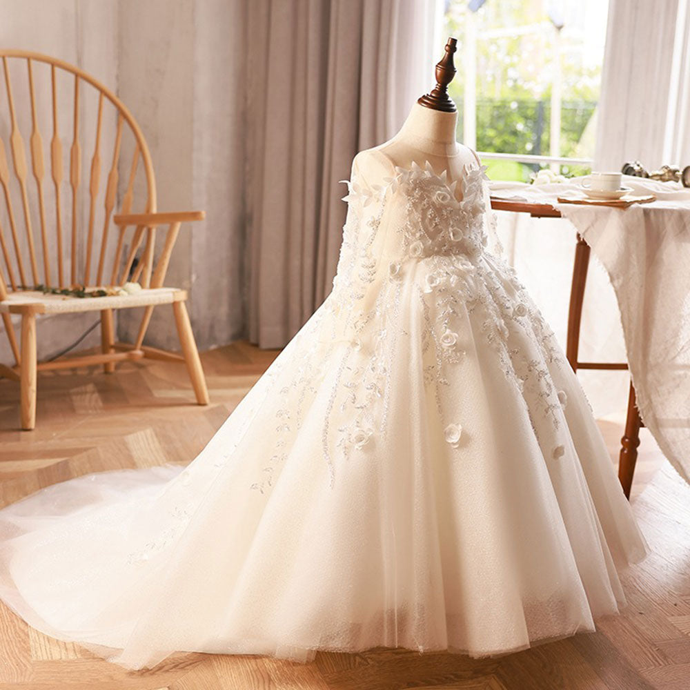 Luxury Dubai White Flower Girl Dresses Beads Flowers Princess Gown J088 Luxury Dubai White Flower Girl Dresses Beads Flowers Princess Gown J088