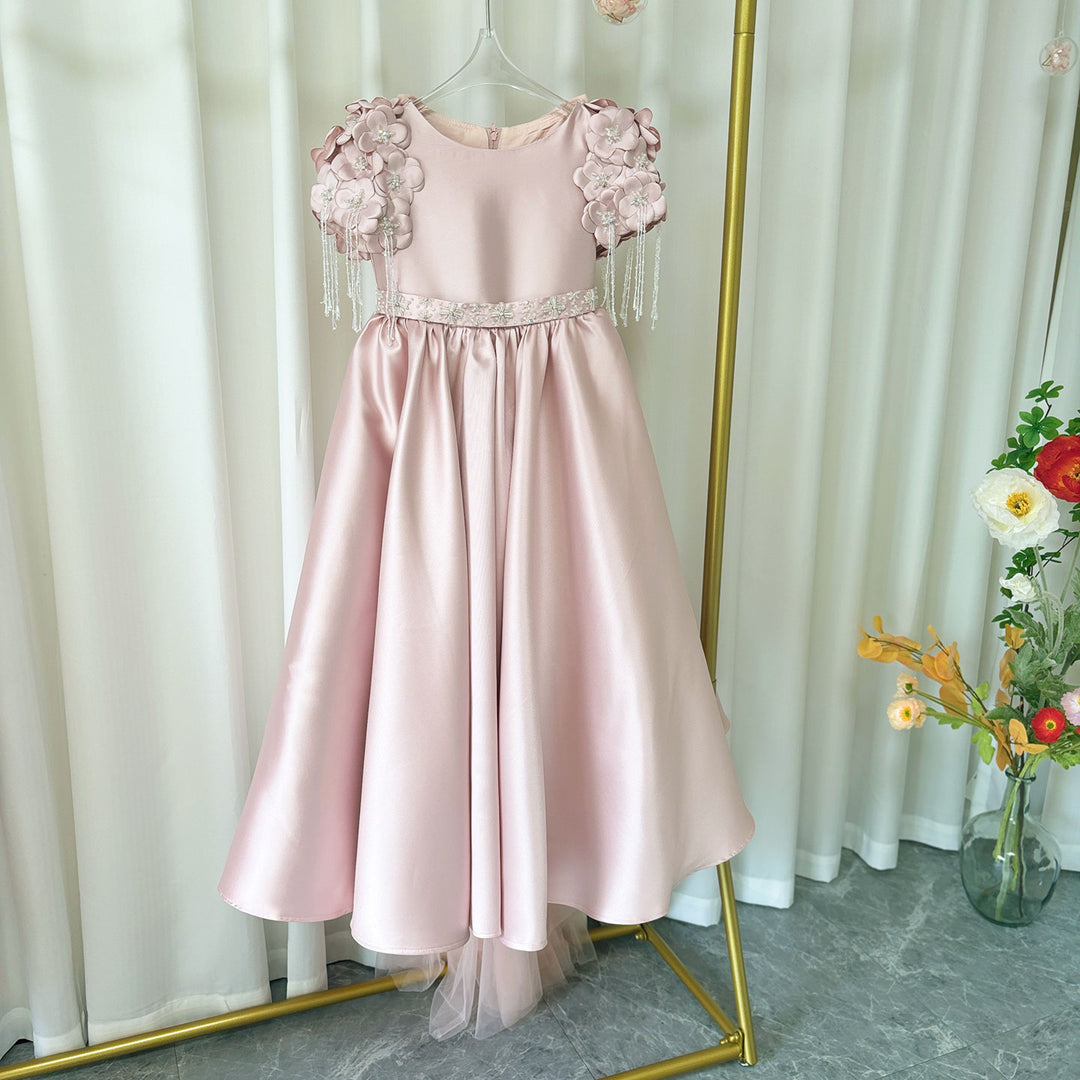 Luxury Dusty Pink Girl Dress Beadeds Arabic with Cap Handmade Flowers Princess Kids Wedding Birthday Party Gown J037 DreamyVow Luxury Dusty Pink Girl Dress Beadeds Arabic with Cap Handmade Flowers Princess Kids Wedding Birthday Party Gown J037 DreamyVow