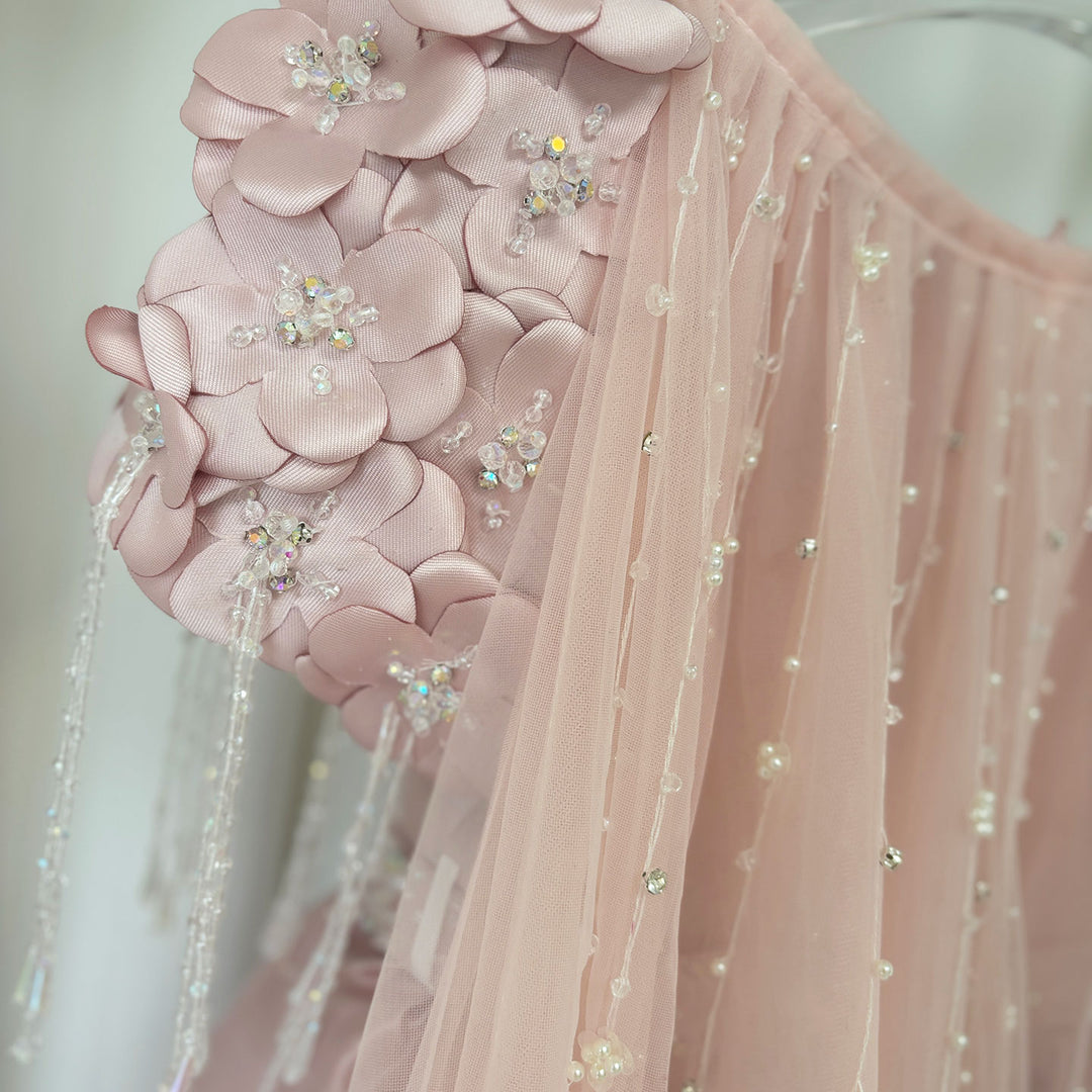 pink arabic dress Final Sale Blush Pink 3D Flowers Arabic Evening Dress with Cape SS281
