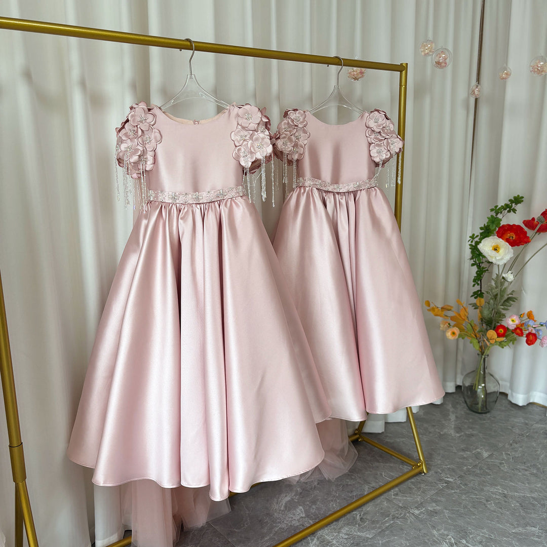 Luxury Dusty Pink Girl Dress Beadeds Arabic with Cap Handmade Flowers Princess Kids Wedding Birthday Party Gown J037 DreamyVow Luxury Dusty Pink Girl Dress Beadeds Arabic with Cap Handmade Flowers Princess Kids Wedding Birthday Party Gown J037 DreamyVow