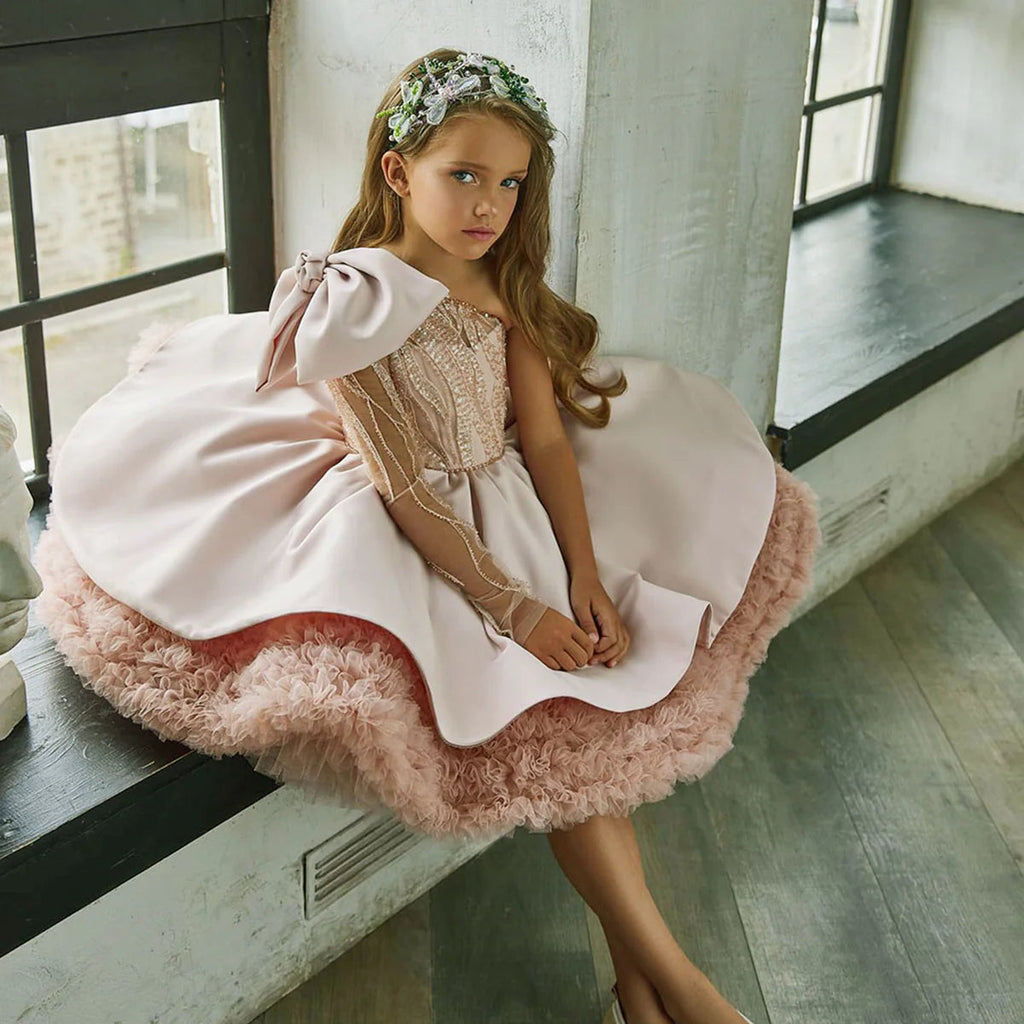 brown flower girl dress 2Bunnies Girls' 12M-12yr Rose Lace Tulle Long Sleeve Maxi Flower Girl Dress 2T / Orange
