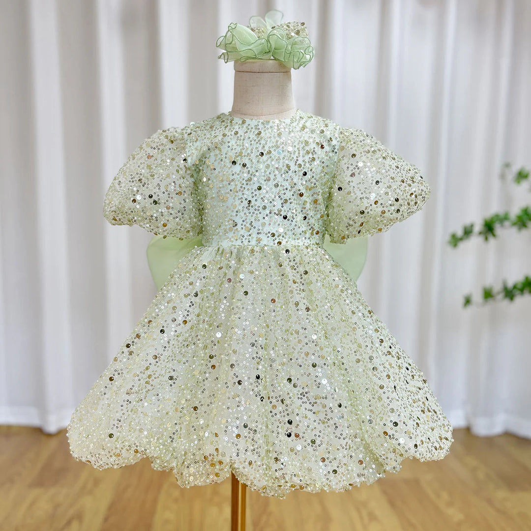 Luxury Elegant Shiny Sage Girl Dress Bow Princess Baby Kids J156 DreamyVow Luxury Elegant Shiny Sage Girl Dress Bow Princess Baby Kids J156 DreamyVow