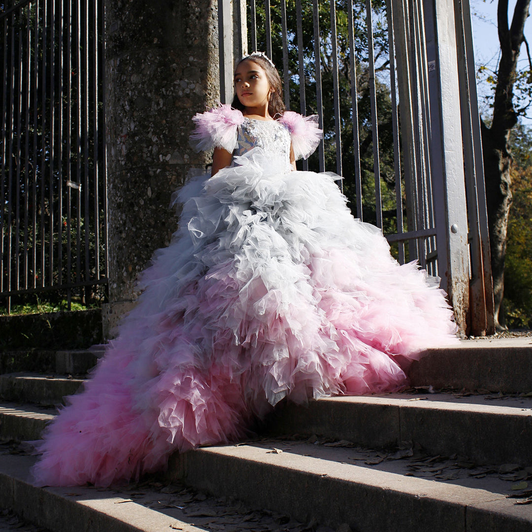 Luxury Girl Dress Feathers Beading Princess Prom Gown for Kids J163 – DreamyVow Luxury Girl Dress Feathers Beading Princess Prom Gown for Kids J163 – DreamyVow