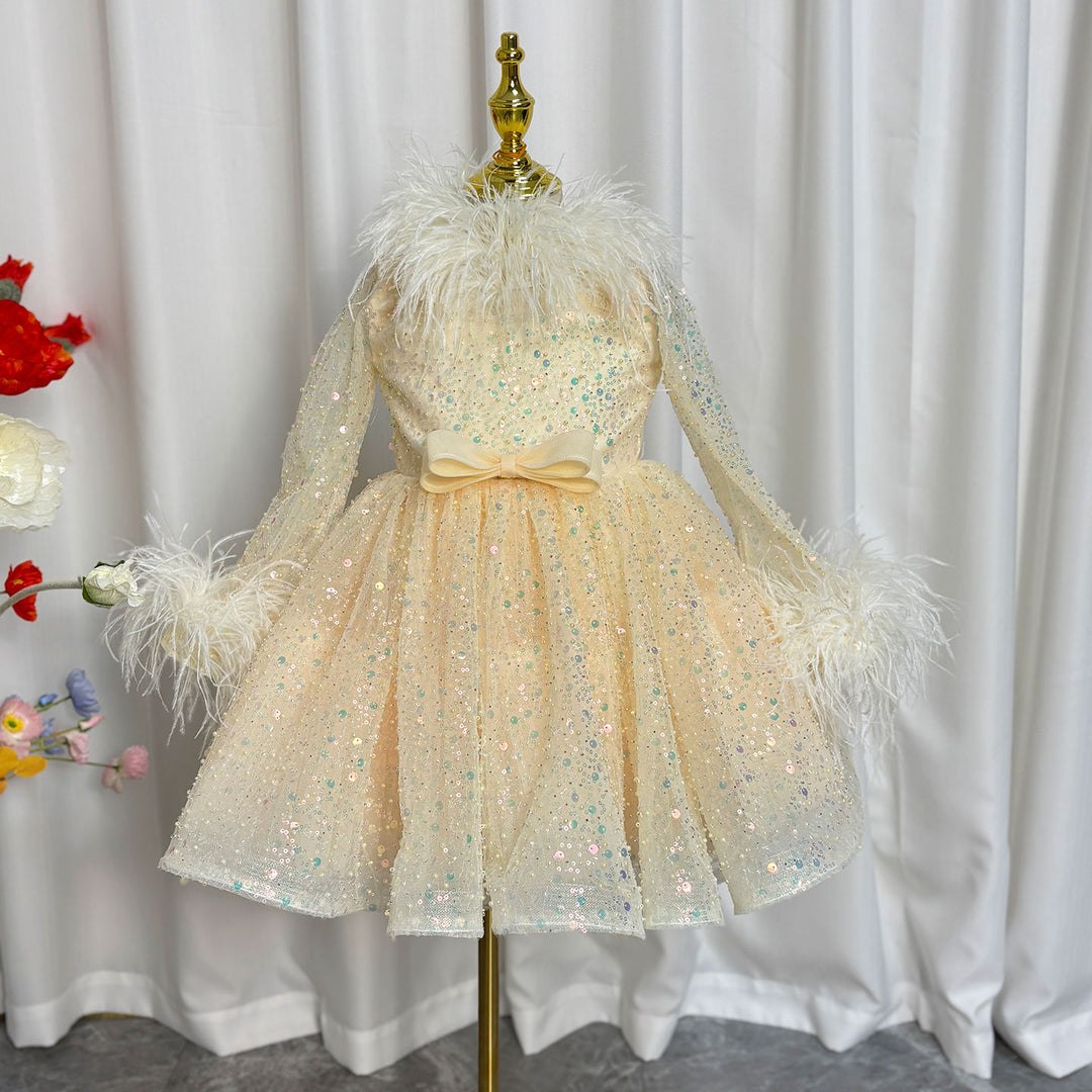 Luxury Gold Girl Dress Feathers Sequined Dubai Kids Wedding J320 DreamyVow Luxury Gold Girl Dress Feathers Sequined Dubai Kids Wedding J320 DreamyVow