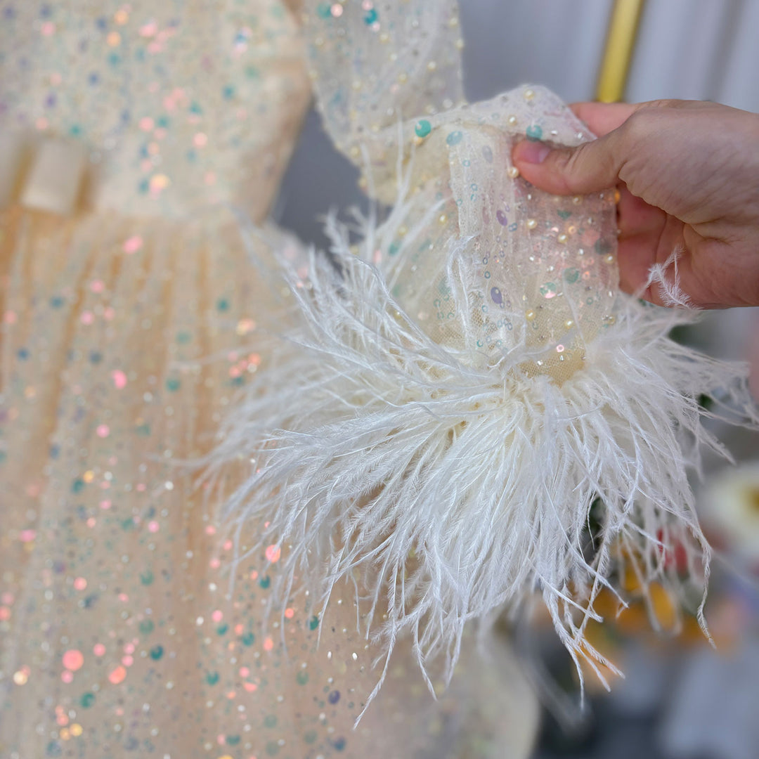 Luxury Gold Girl Dress Feathers Sequined Dubai Kids Wedding J320 DreamyVow Luxury Gold Girl Dress Feathers Sequined Dubai Kids Wedding J320 DreamyVow