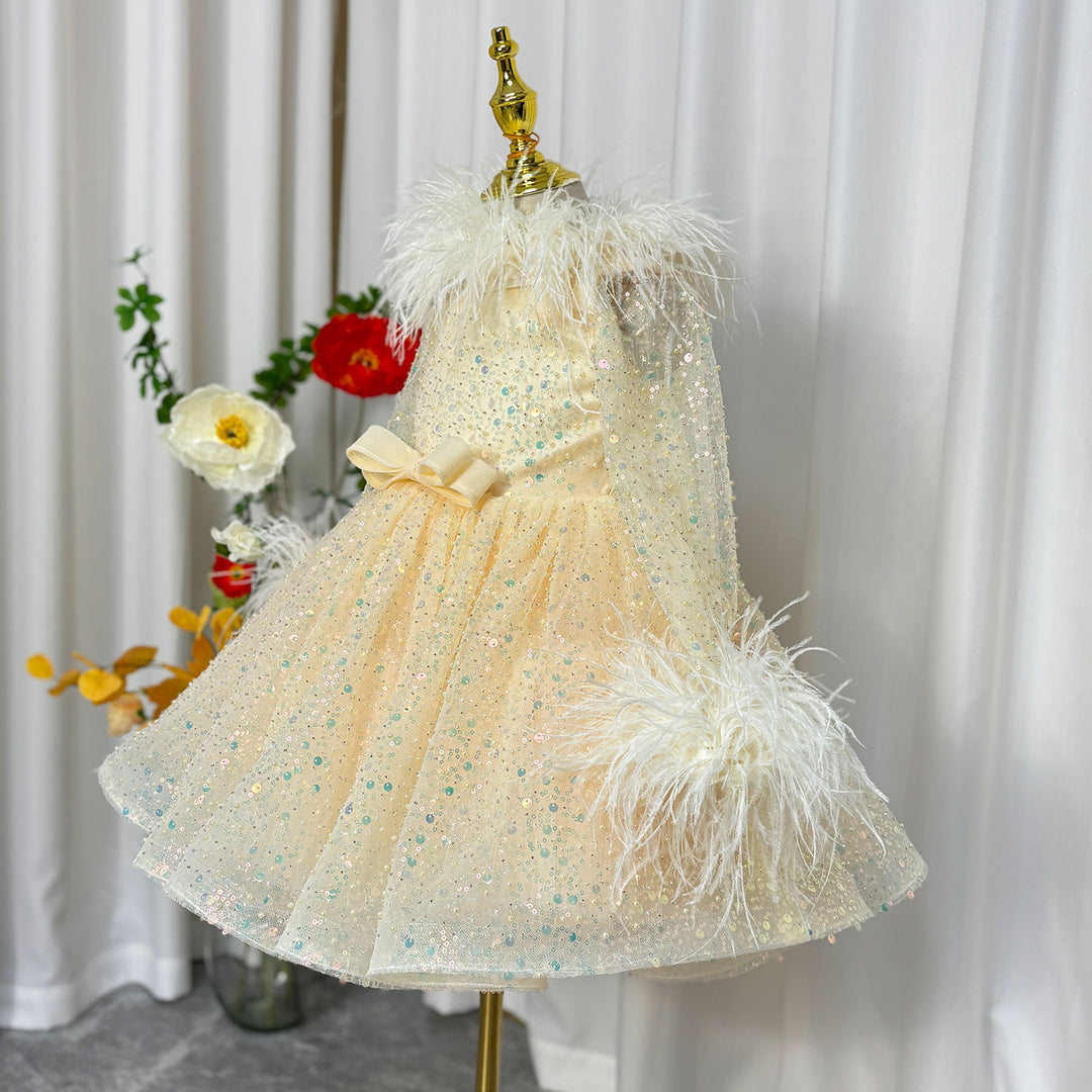 Luxury Gold Girl Dress Feathers Sequined Dubai Kids Wedding J320 Champagne / 12M Luxury Gold Girl Dress Feathers Sequined Dubai Kids Wedding J320 Champagne / 12M