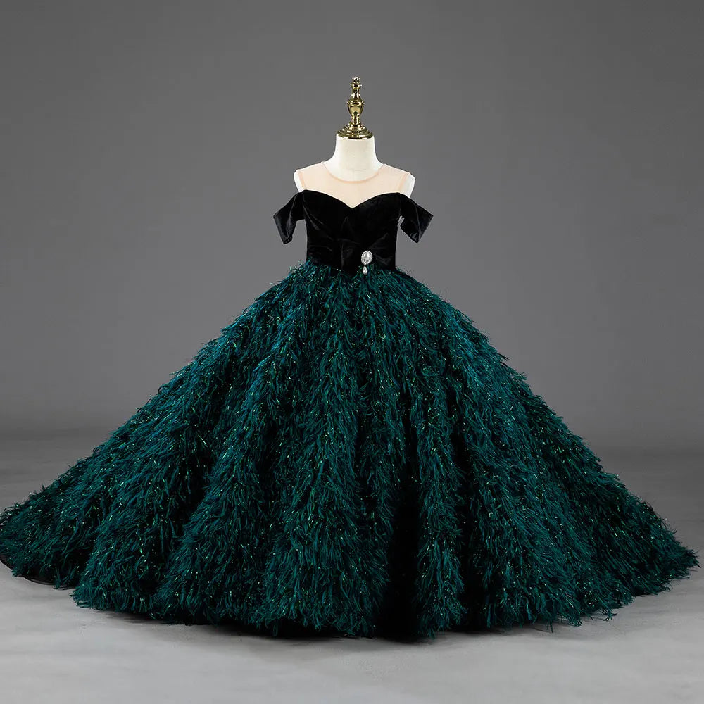 Luxury Green Flower Girl Dresses Feathers Ball Gown for Princess J007 Green / 12(150CM) Luxury Green Flower Girl Dresses Feathers Ball Gown for Princess J007 Green / 12(150CM)