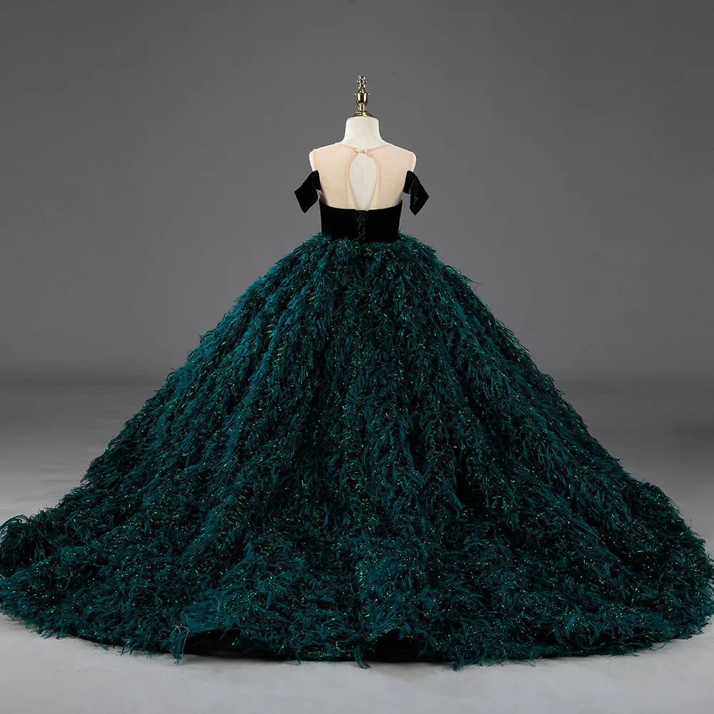 emerald green flower girl dress Luxury Green Flower Girl Dresses Feathers Ball Gown for Princess J007