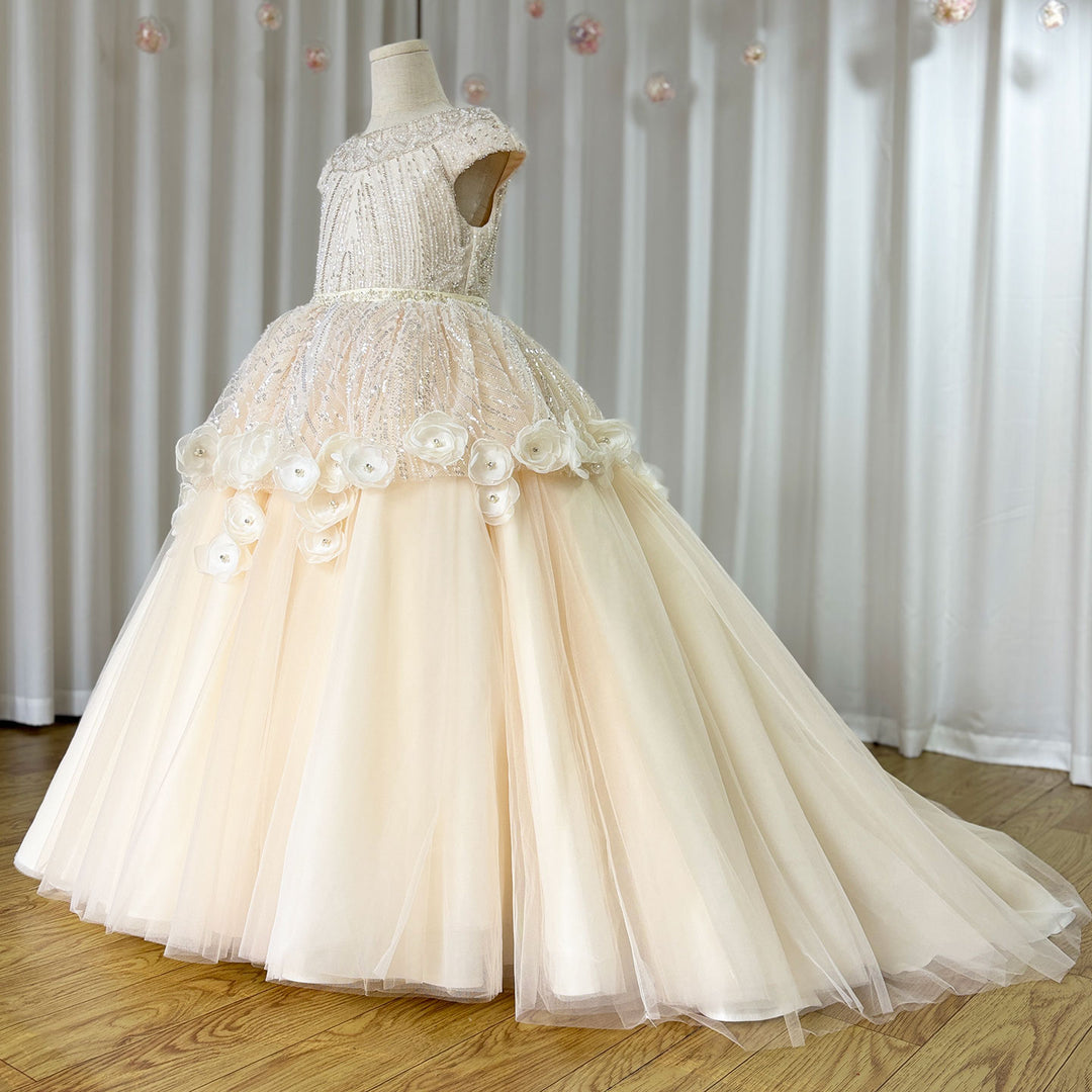 ivory flower girl dresses Luxury Ivory Flower Girl Dress Beading Elegant Princess Kids J265 Champagne / child-10